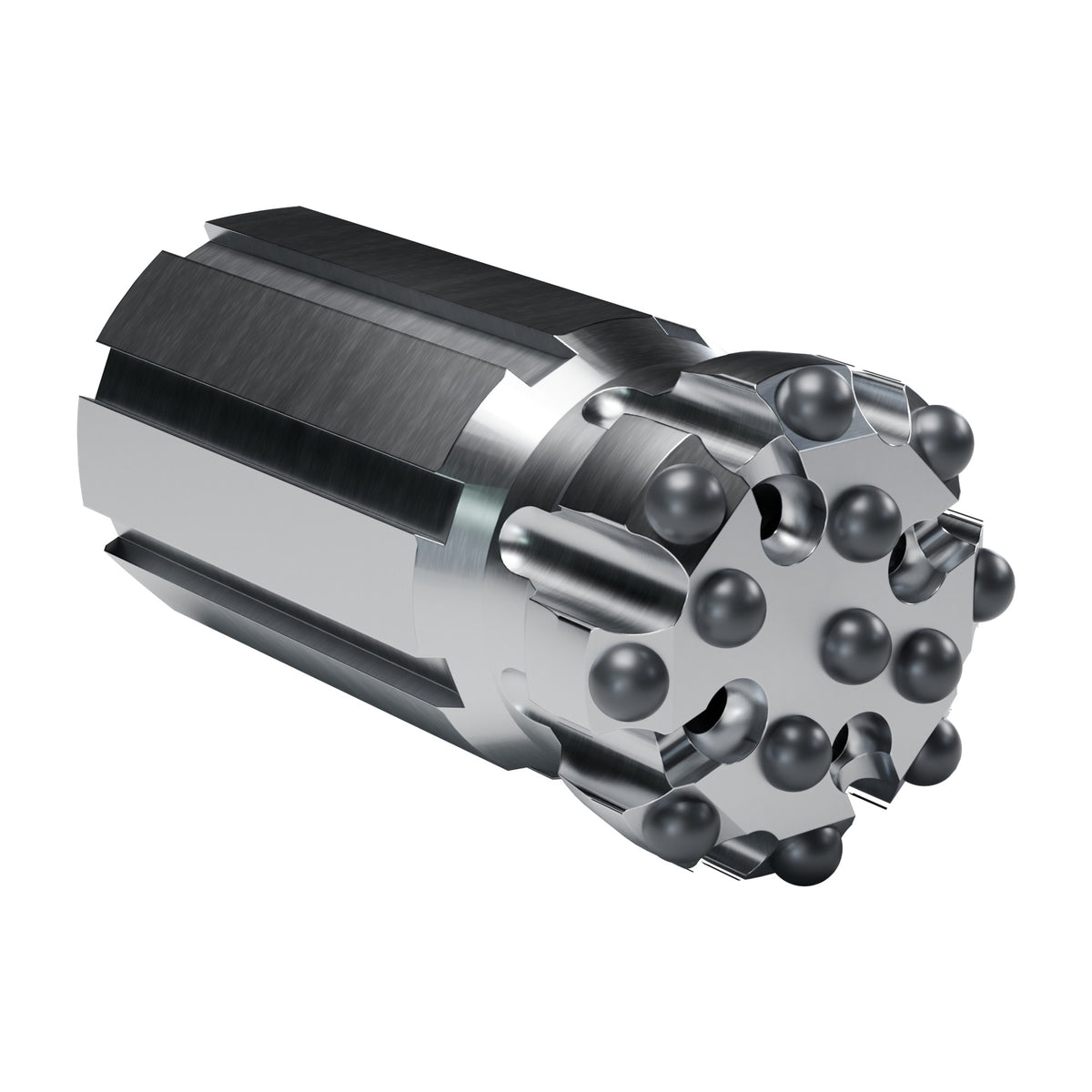 Rockmore T51 button bit, flat face retrac, 8 gauge + 5 front buttons, 4 front flushing holes (render)