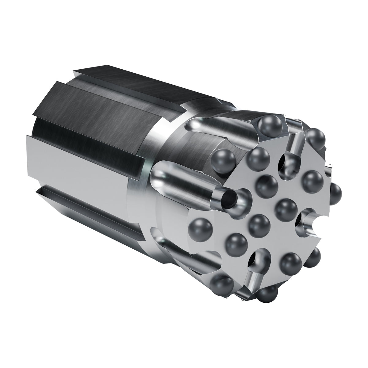 Rockmore T51 button bit, flat face retrac, 8 gauge + 7 front buttons, 4 front flushing holes (render)