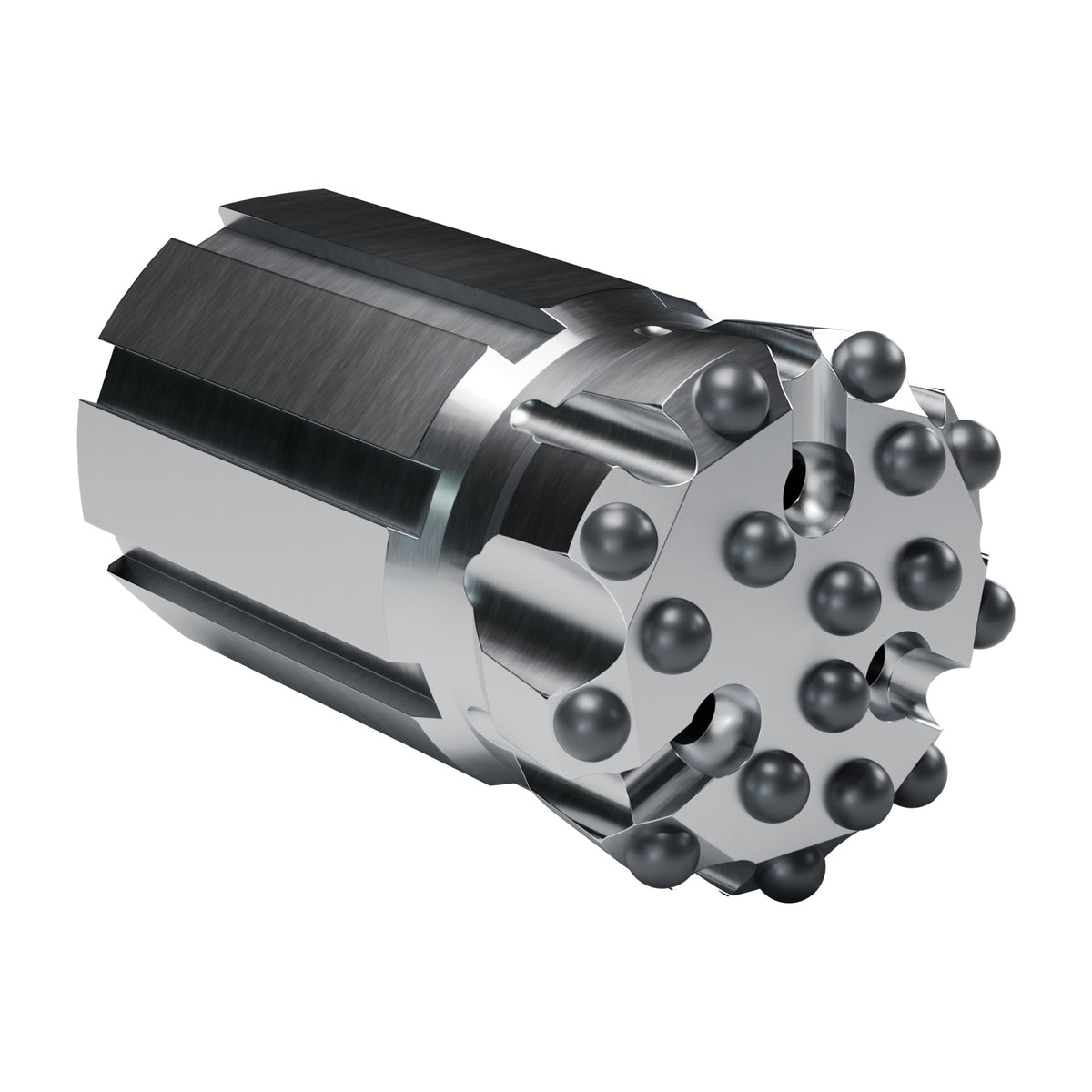 Rockmore T51 button bit, flat face retrac, 9 gauge + 8 front buttons, 3 front flushing holes (render)