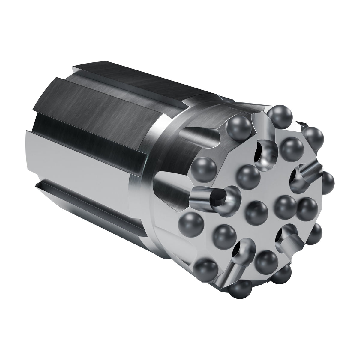 Rockmore T51 button bit, flat face, Starflow, retrac, 10 gauge + 7 front buttons, 5 front flushing holes (render)