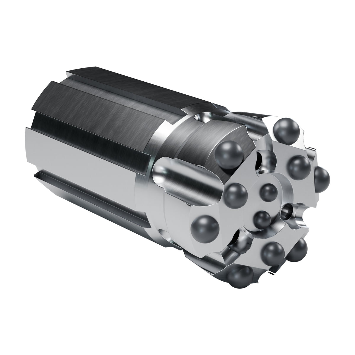 Rockmore T51 button bit, drop centre retrac, 6 gauge + 3 front + 2 centre buttons, 3 front flushing holes (render)