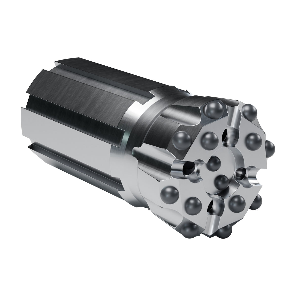 Rockmore T51 button bit, drop centre retrac, 8 gauge + 4 front + 2 centre buttons, 4 front flushing holes (render)