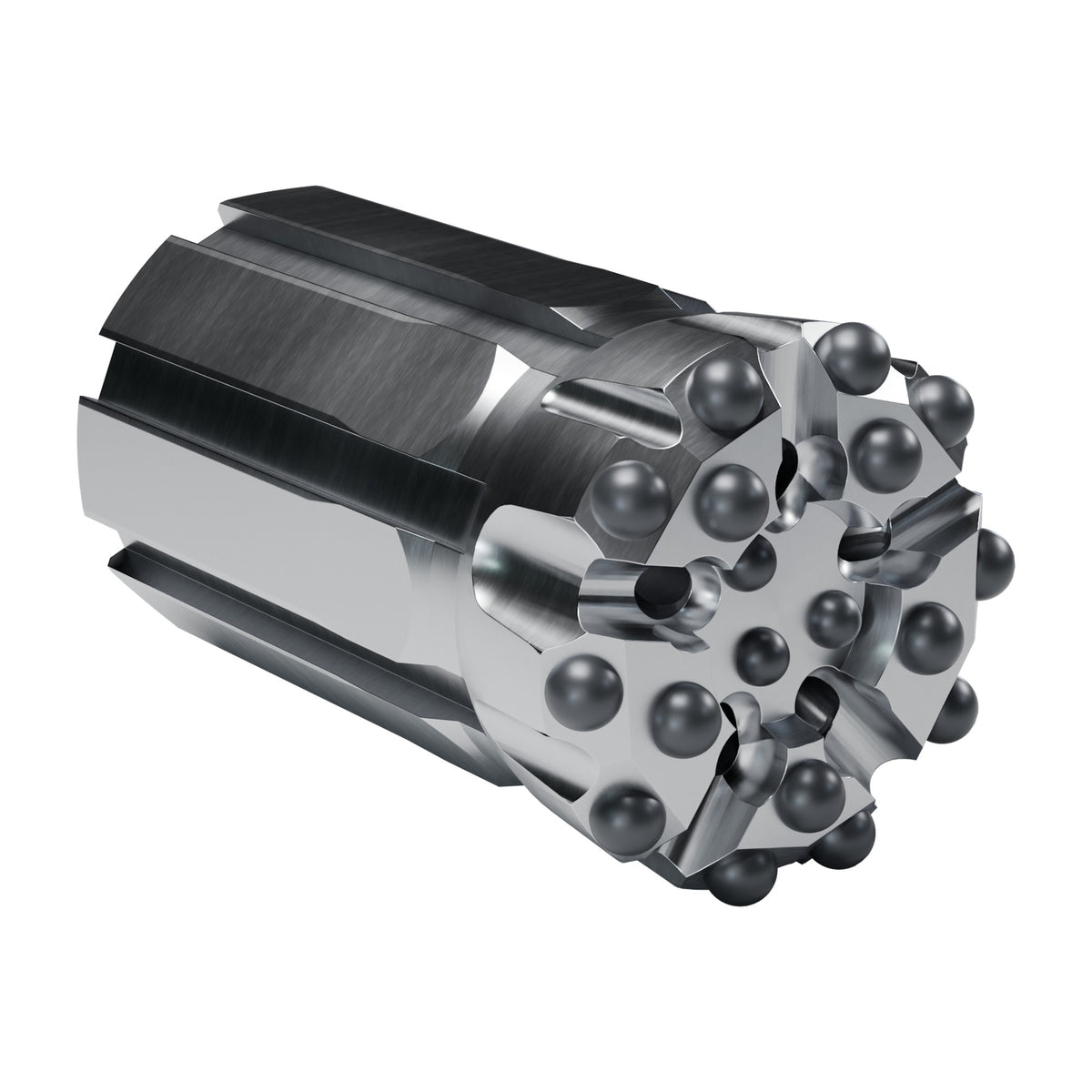 Rockmore T51 button bit, drop centre, Starflow, retrac, 10 gauge + 5 front + 3 centre buttons, 5 front flushing holes (render)