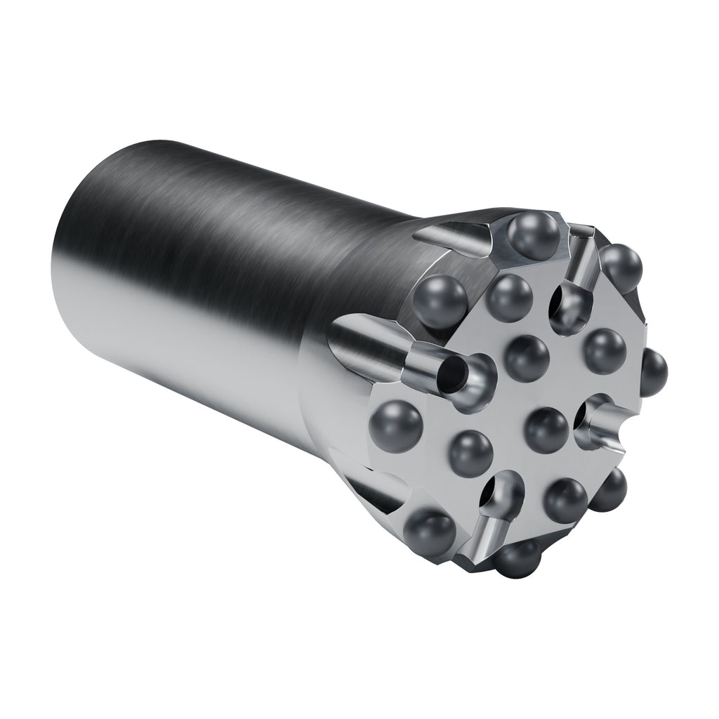 Rockmore T51 button bit, flat face, Xtreme, 8 gauge + 6 front buttons, 4 front flushing holes (render)
