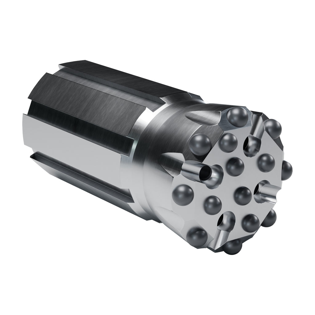 Rockmore T51 button bit, flat face, Xtreme, retrac, 8 gauge + 6 front buttons, 4 front flushing holes (render)