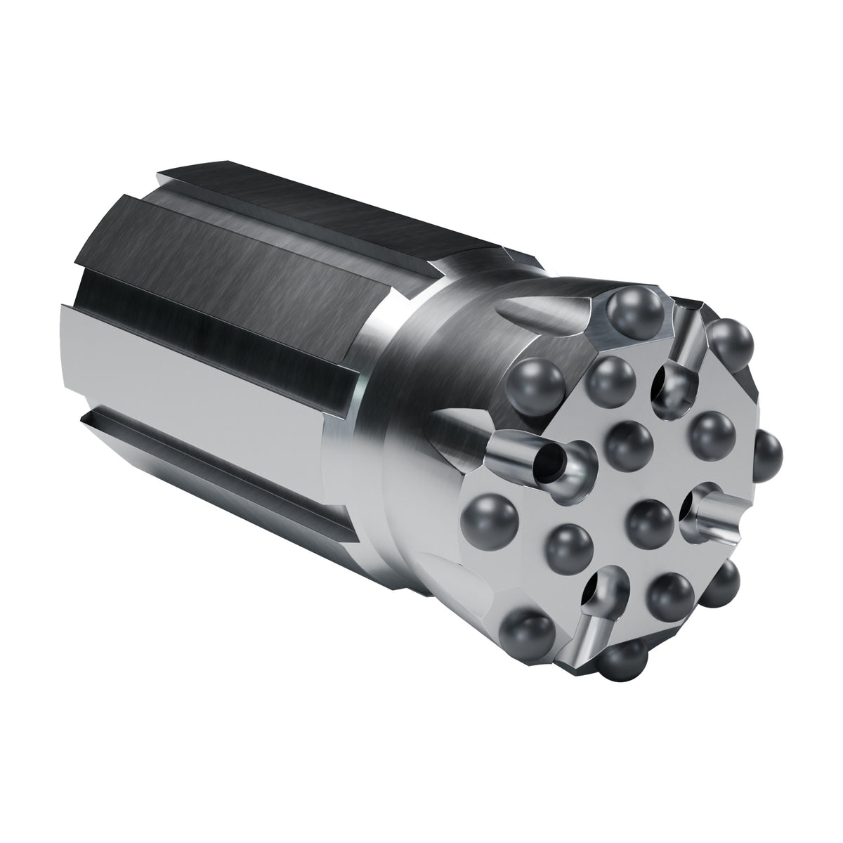 Rockmore T51 button bit, flat face, Xtreme, retrac, 8 gauge + 6 front buttons, 4 front flushing holes (render)