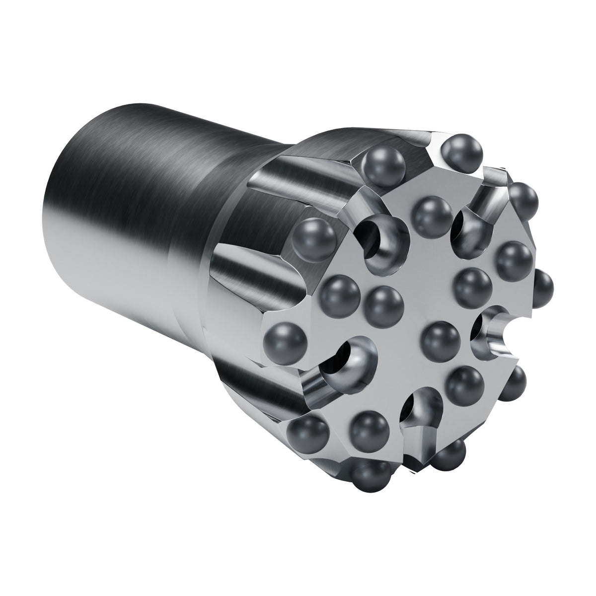 Rockmore XT51 button bit, flat face, Starflow, 10 gauge + 8 front buttons, 5 front flushing holes (render)