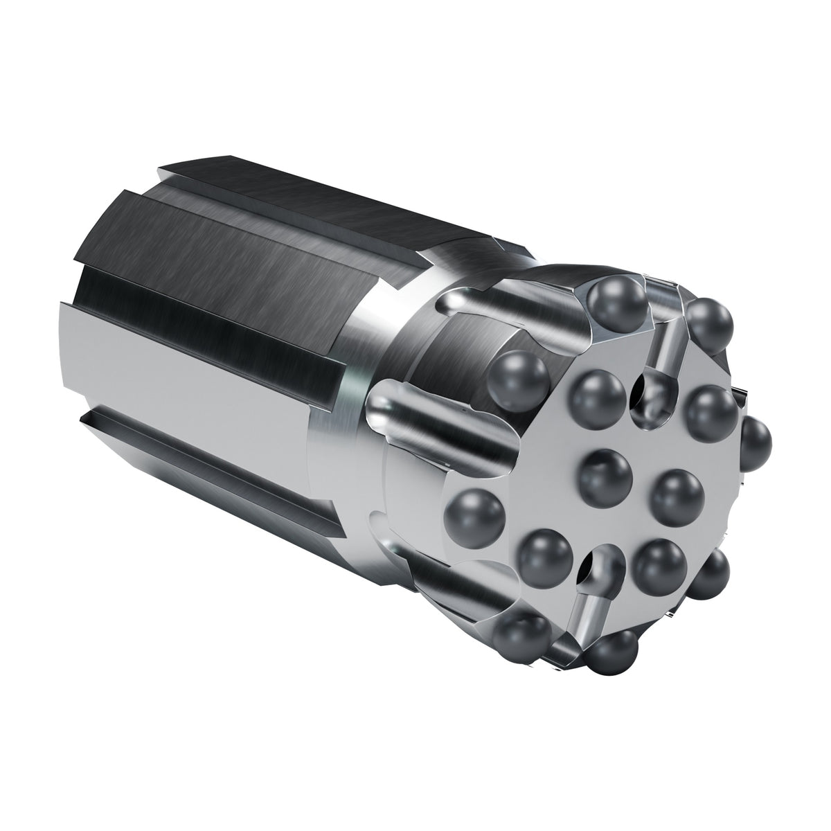 Rockmore XT51 button bit, flat face retrac, 8 gauge + 6 front buttons, 2 front flushing holes (render)