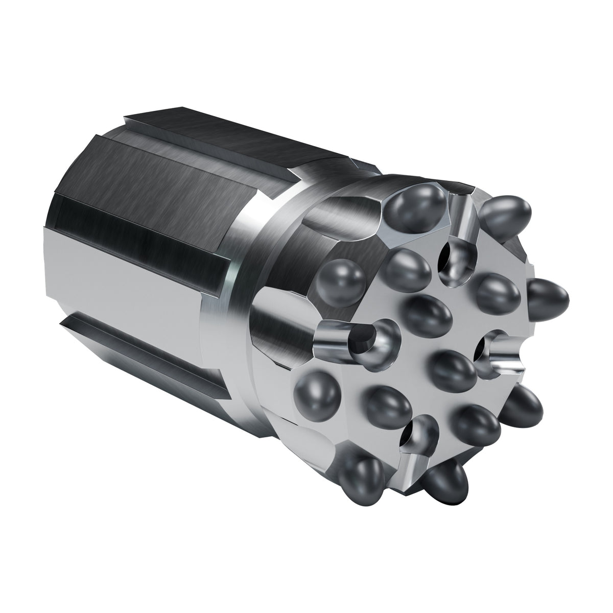 Rockmore XT51 button bit, flat face retrac, 8 gauge + 6 front buttons, 4 front flushing holes (render)
