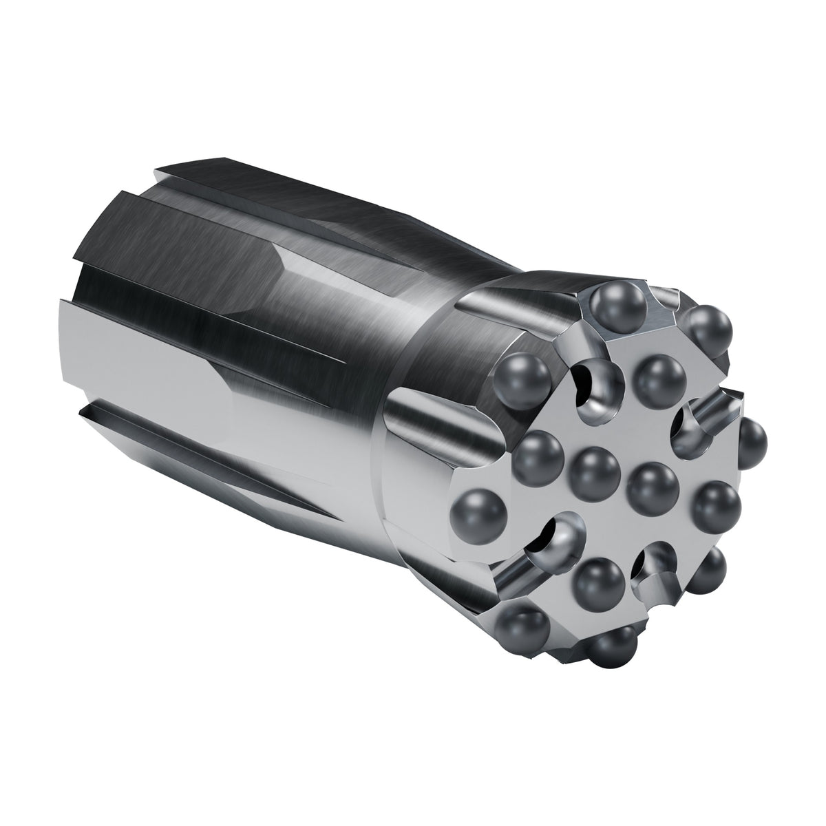 Rockmore XT51 button bit, flat face XTRAC, 8 gauge + 6 front buttons, 4 front flushing holes (render)