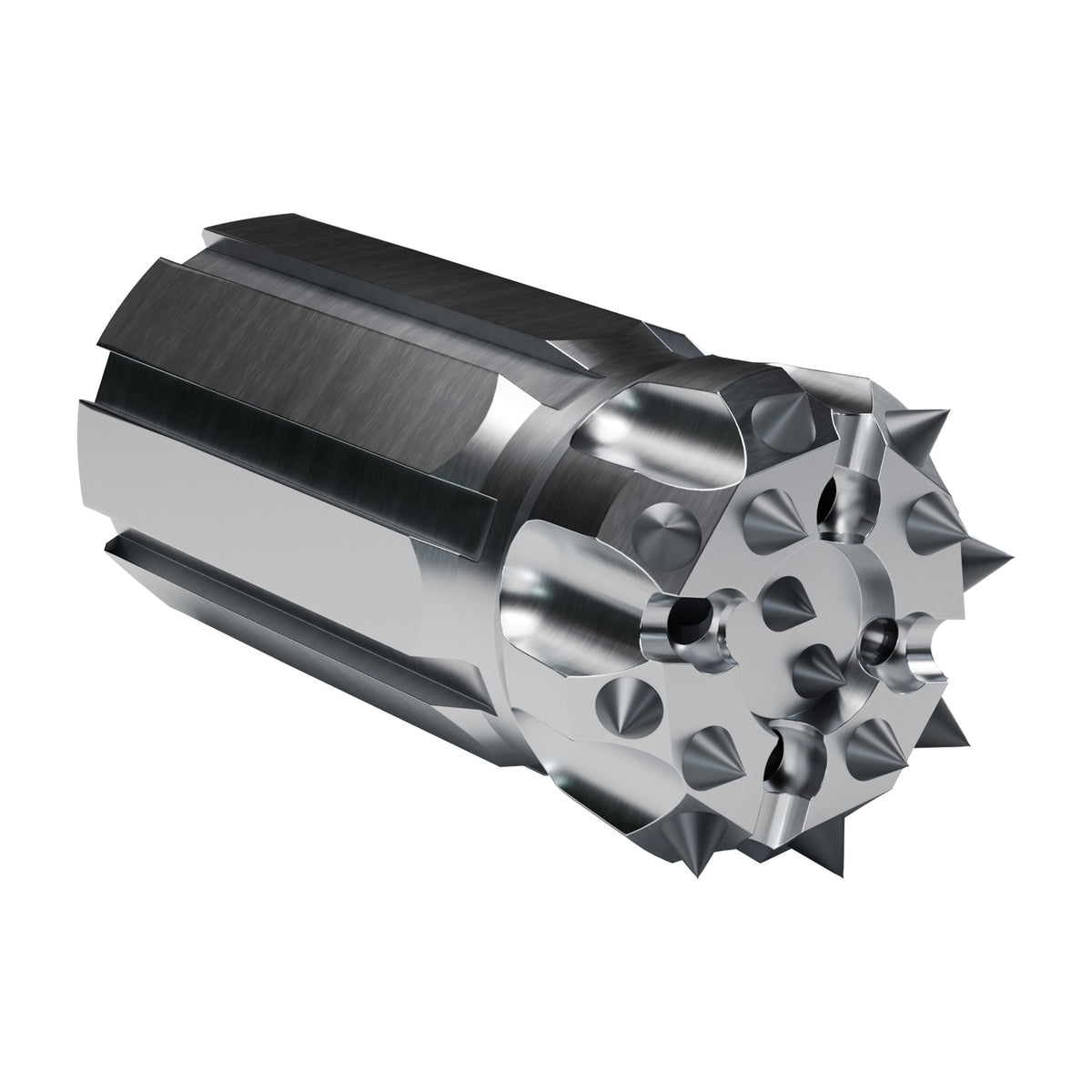 Rockmore XT51 button bit, drop centre retrac, 8 gauge + 4 front + 2 centre buttons, 4 front flushing holes (render)