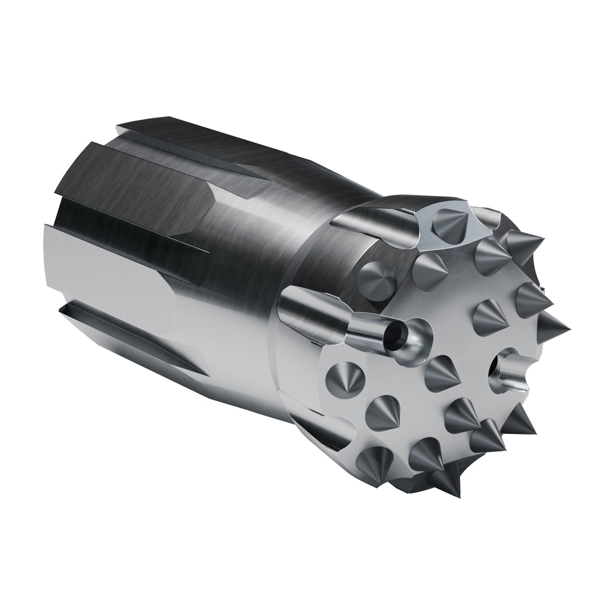 Rockmore XT51 button bit, semi-dome XTRAC, 8 gauge + 9 front buttons, 2 front flushing holes (render)